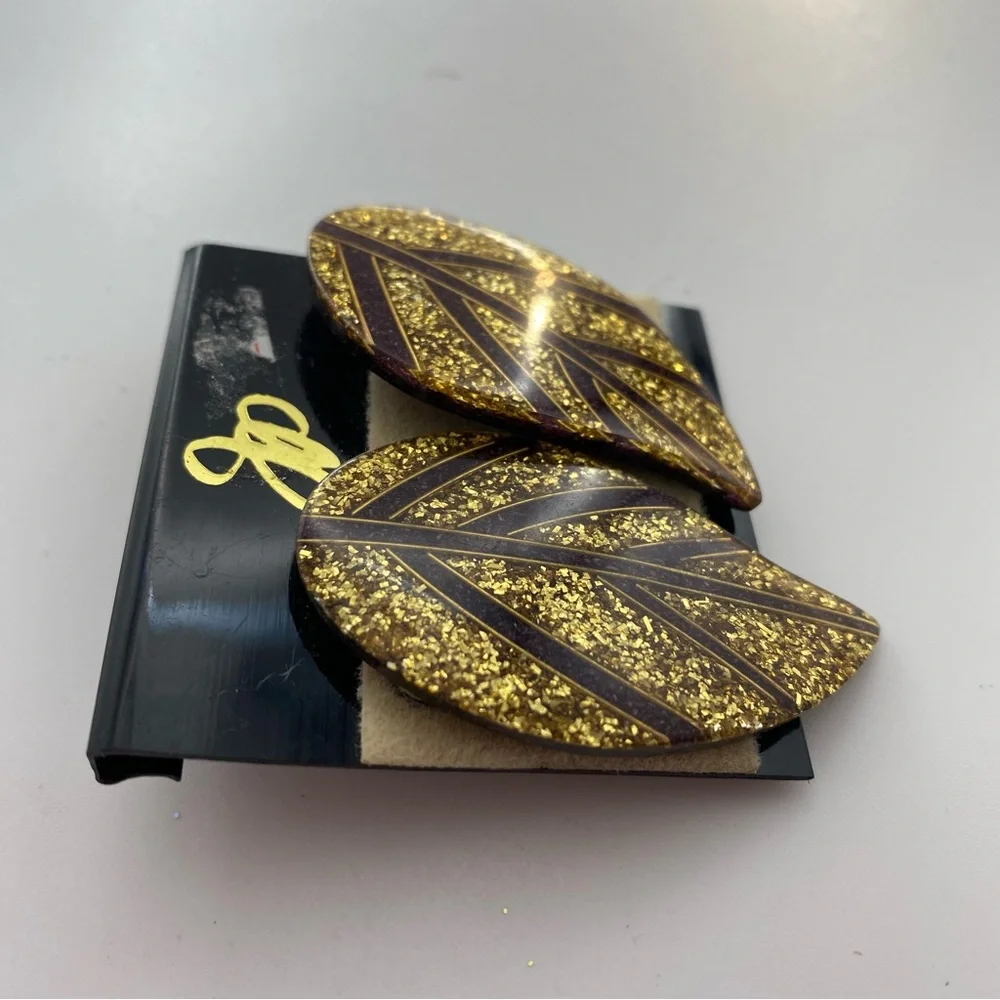 Gold and Brown Leaf Earrings Enamel Sparkly Pierced Post Autumn Fall